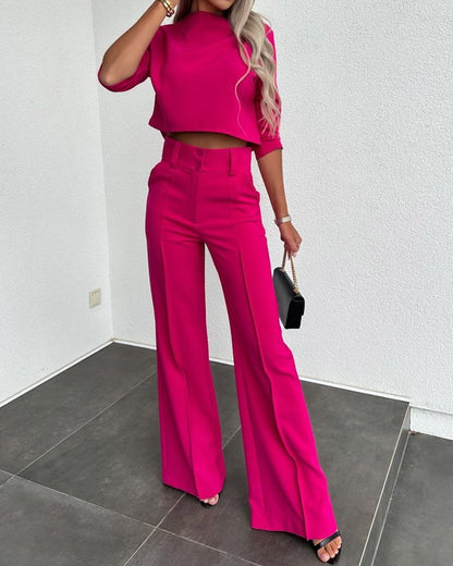 Ensemble Fluide – Top Stylé & Pantalon Taille Haute Évasé✨