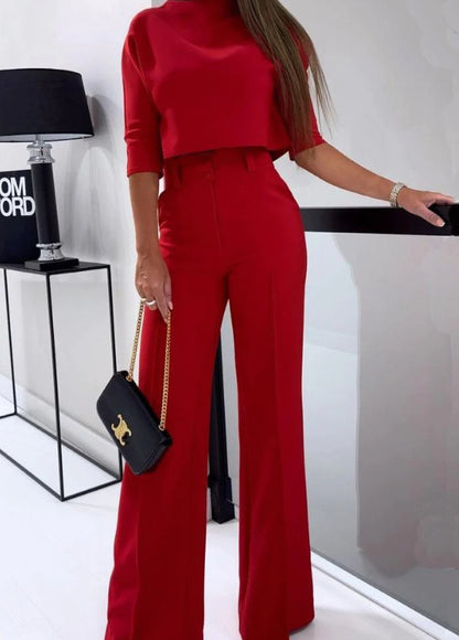 Ensemble Fluide – Top Stylé & Pantalon Taille Haute Évasé✨