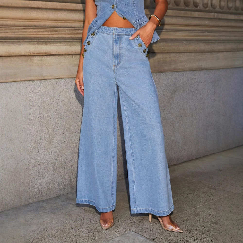 Ensemble Denim – Veste Sans Manches & Pantalon Large Libre🧵