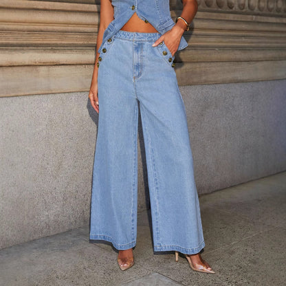 Ensemble Denim – Veste Sans Manches & Pantalon Large Libre🧵