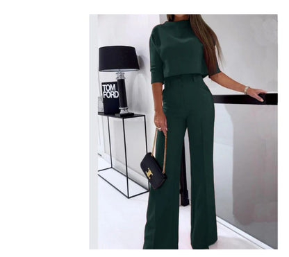 Ensemble Fluide – Top Stylé & Pantalon Taille Haute Évasé✨