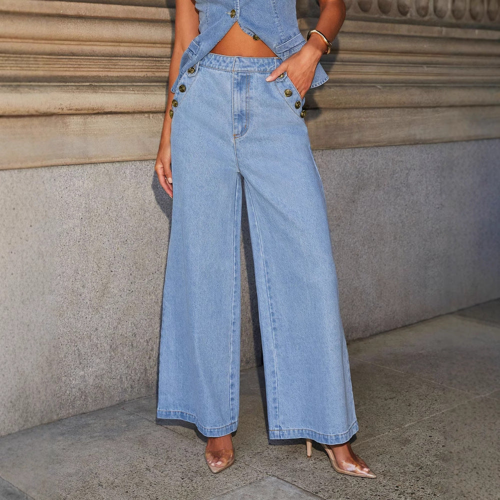 Ensemble Denim – Veste Sans Manches & Pantalon Large Libre🧵
