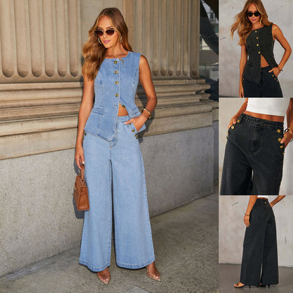 Ensemble Denim – Veste Sans Manches & Pantalon Large Libre🧵