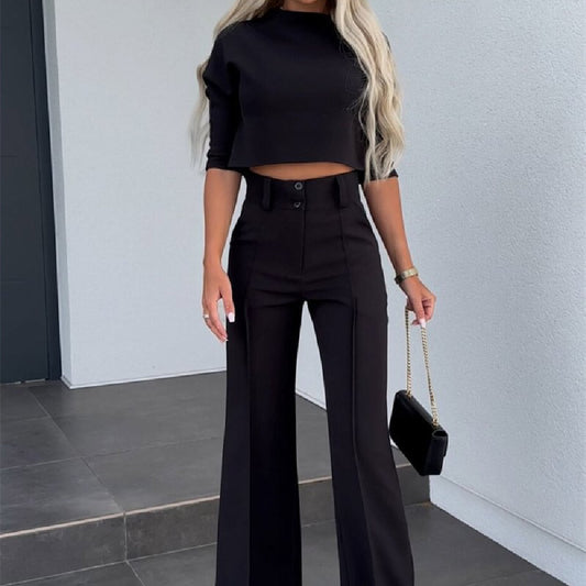 Ensemble Fluide – Top Stylé & Pantalon Taille Haute Évasé✨