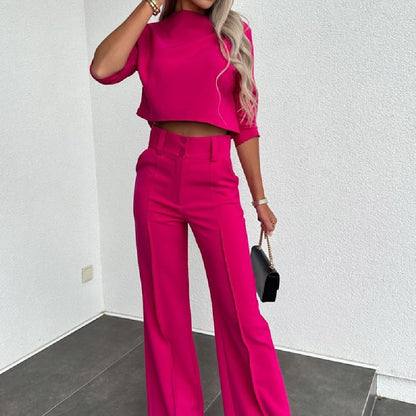 Ensemble Fluide – Top Stylé & Pantalon Taille Haute Évasé✨