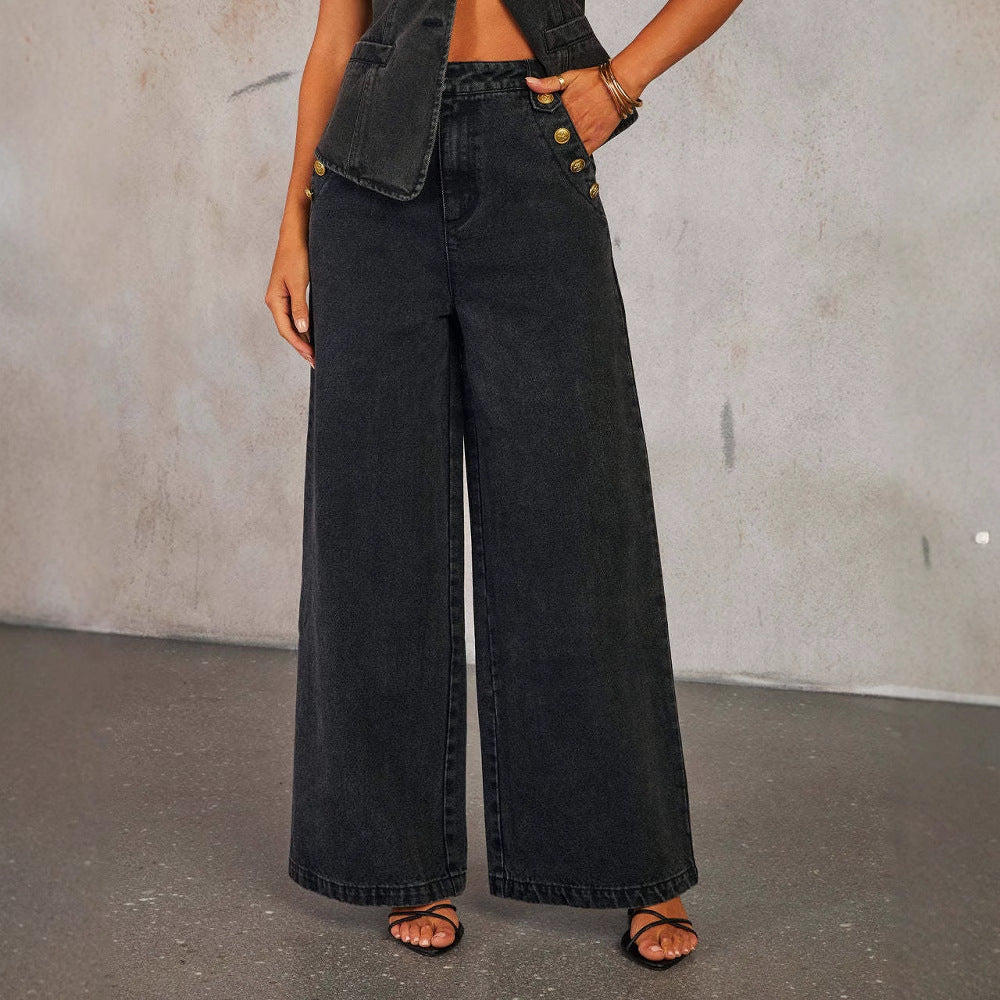 Ensemble Denim – Veste Sans Manches & Pantalon Large Libre🧵