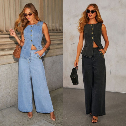 Ensemble Denim – Veste Sans Manches & Pantalon Large Libre🧵